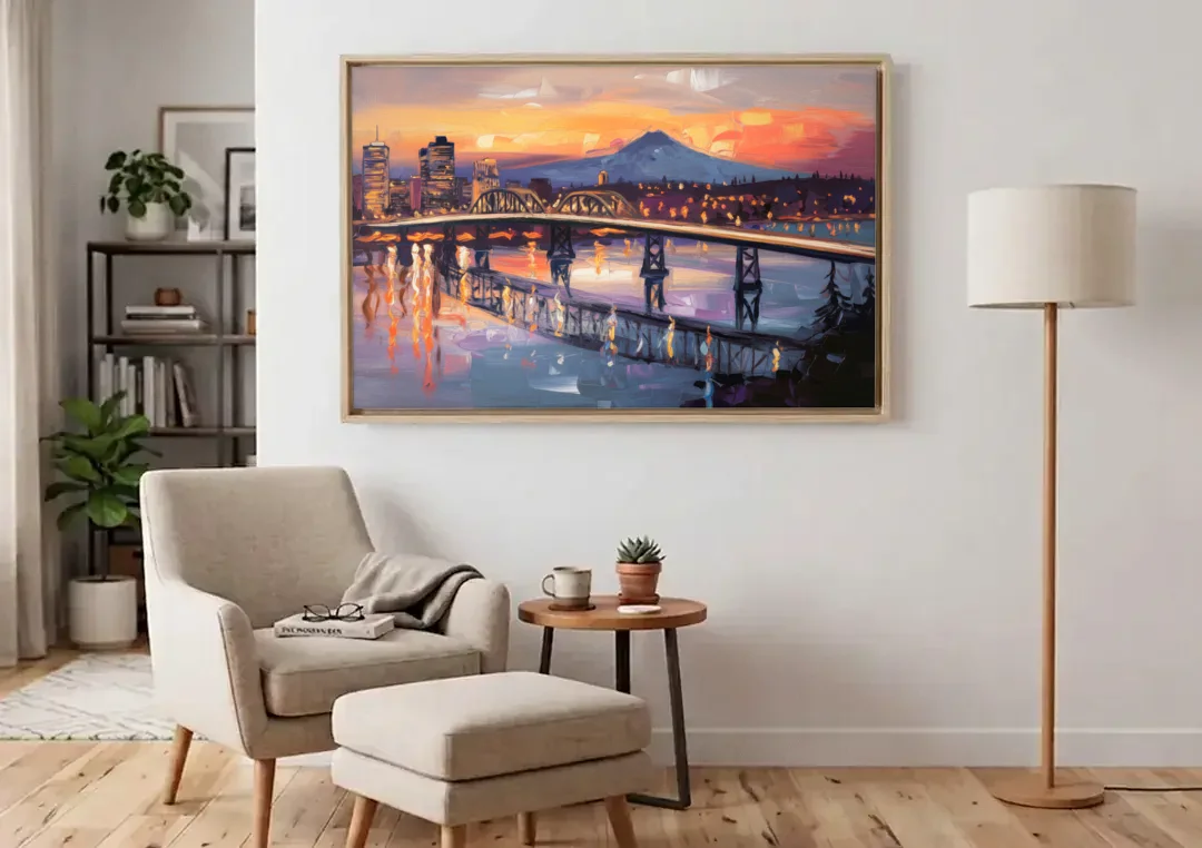 Portland Cityscape At Dusk canvas wall art above an armchair in a bright living room