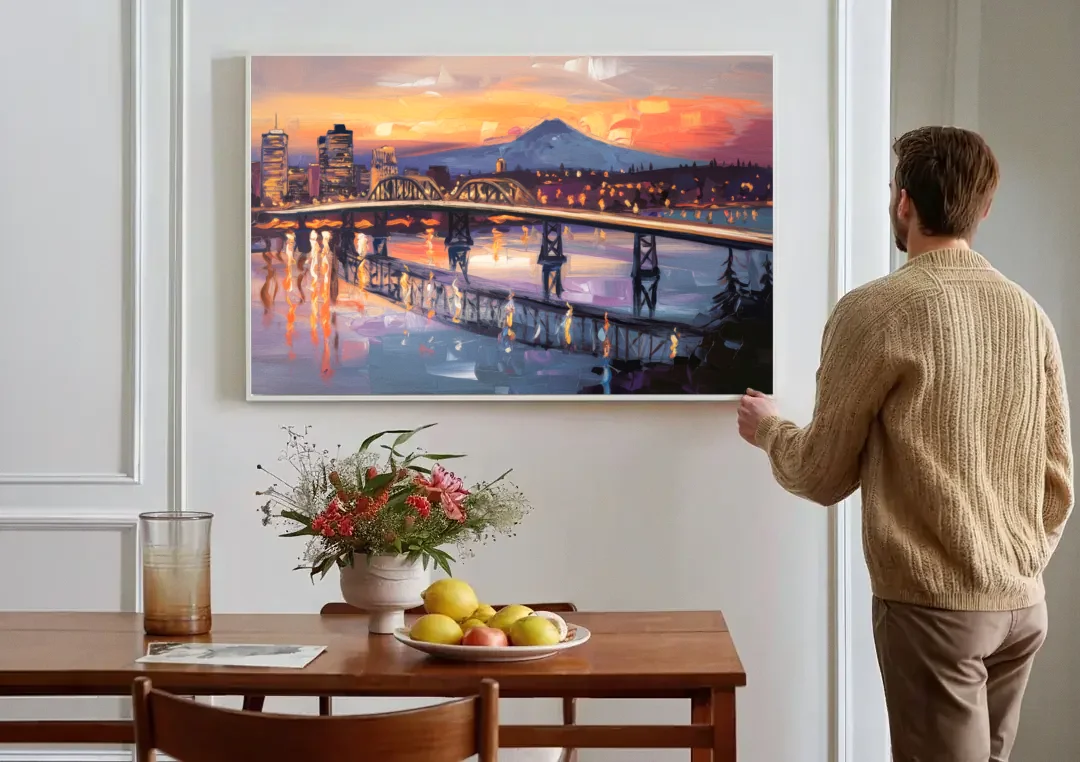 Portland Cityscape At Dusk canvas wall art above a dining table