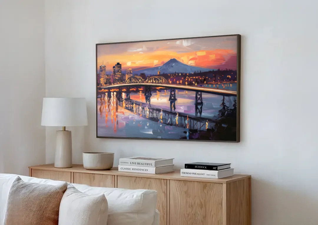 Portland Cityscape At Dusk canvas wall art above a wooden sideboard next to a sofa