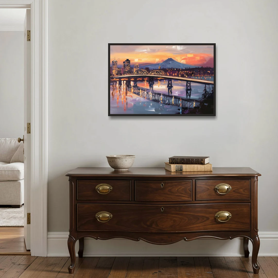 Portland Cityscape At Dusk - Black Framed Canvas Wall Art - Coffee Table - 36x24