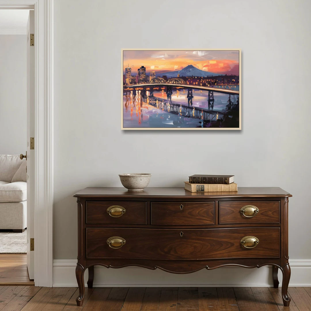 Portland Cityscape At Dusk - Oak Framed Canvas Wall Art - Coffee Table - 36x24
