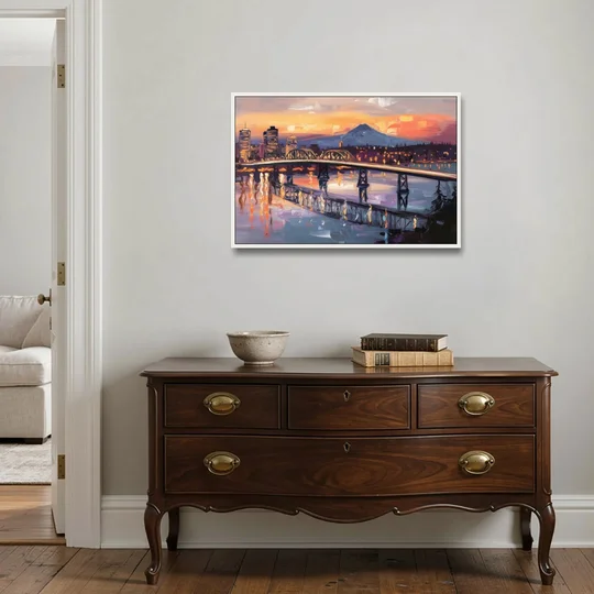 Portland Cityscape At Dusk - White Framed Canvas Wall Art - Coffee Table - 36x24
