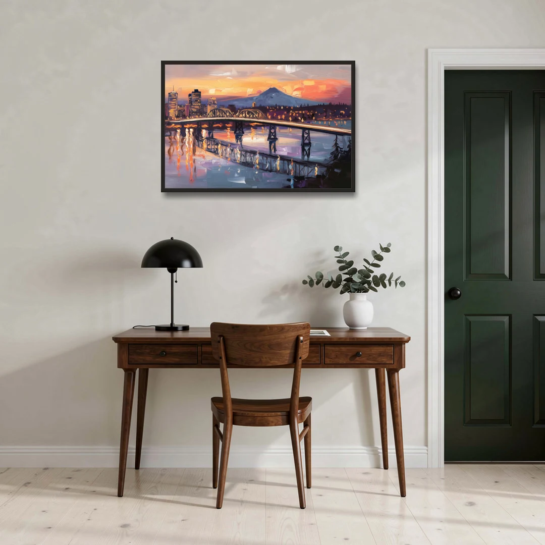 Portland Cityscape At Dusk - Black Framed Canvas Wall Art - Office - 36x24