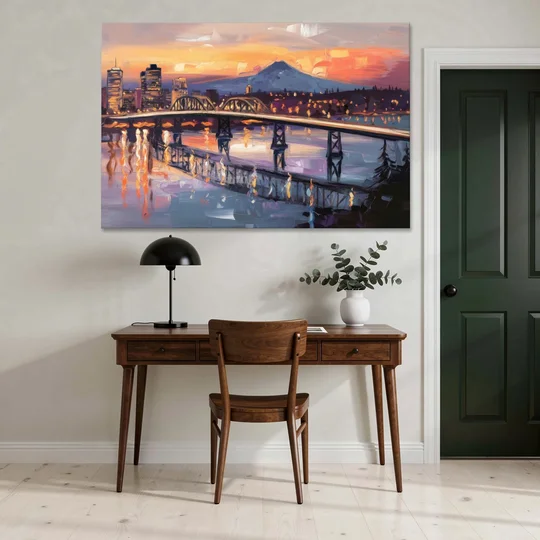 Portland Cityscape At Dusk - Canvas Wall Art - Office - 60x40