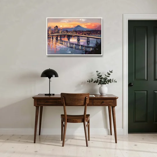 Portland Cityscape At Dusk - White Framed Canvas Wall Art - Office - 36x24