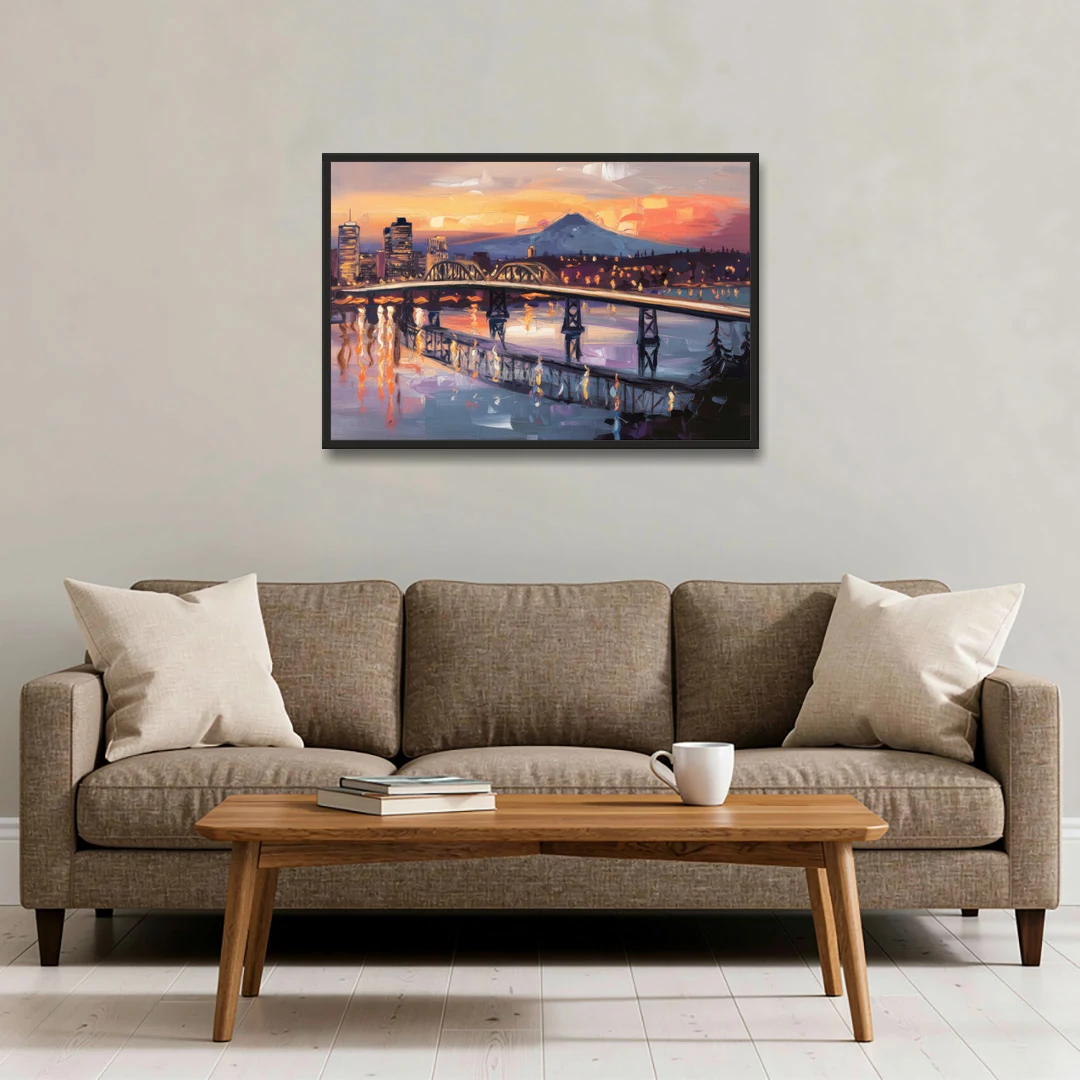 Portland Cityscape At Dusk - Black Framed Canvas Wall Art - Sofa - 36x24