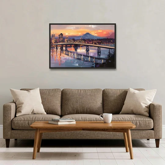 Portland Cityscape At Dusk - Black Framed Canvas Wall Art - Sofa - 36x24