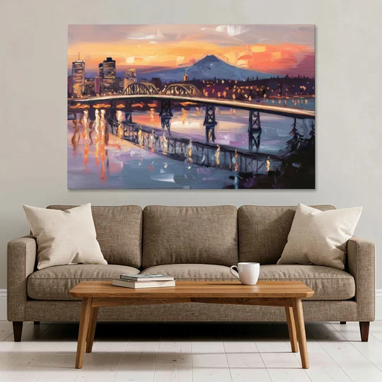 Portland Cityscape At Dusk - Canvas Wall Art - Sofa - 60x40