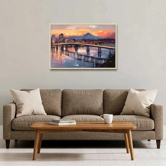 Portland Cityscape At Dusk - Oak Framed Canvas Wall Art - Sofa - 36x24
