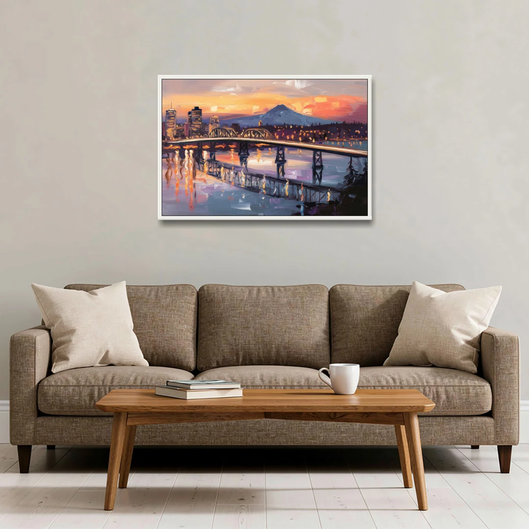Portland Cityscape At Dusk - White Framed Canvas Wall Art - Sofa - 36x24