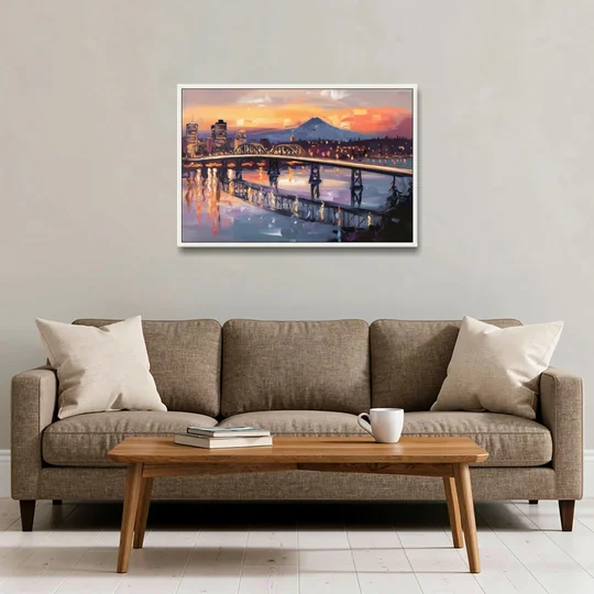 Portland Cityscape At Dusk - White Framed Canvas Wall Art - Sofa - 36x24