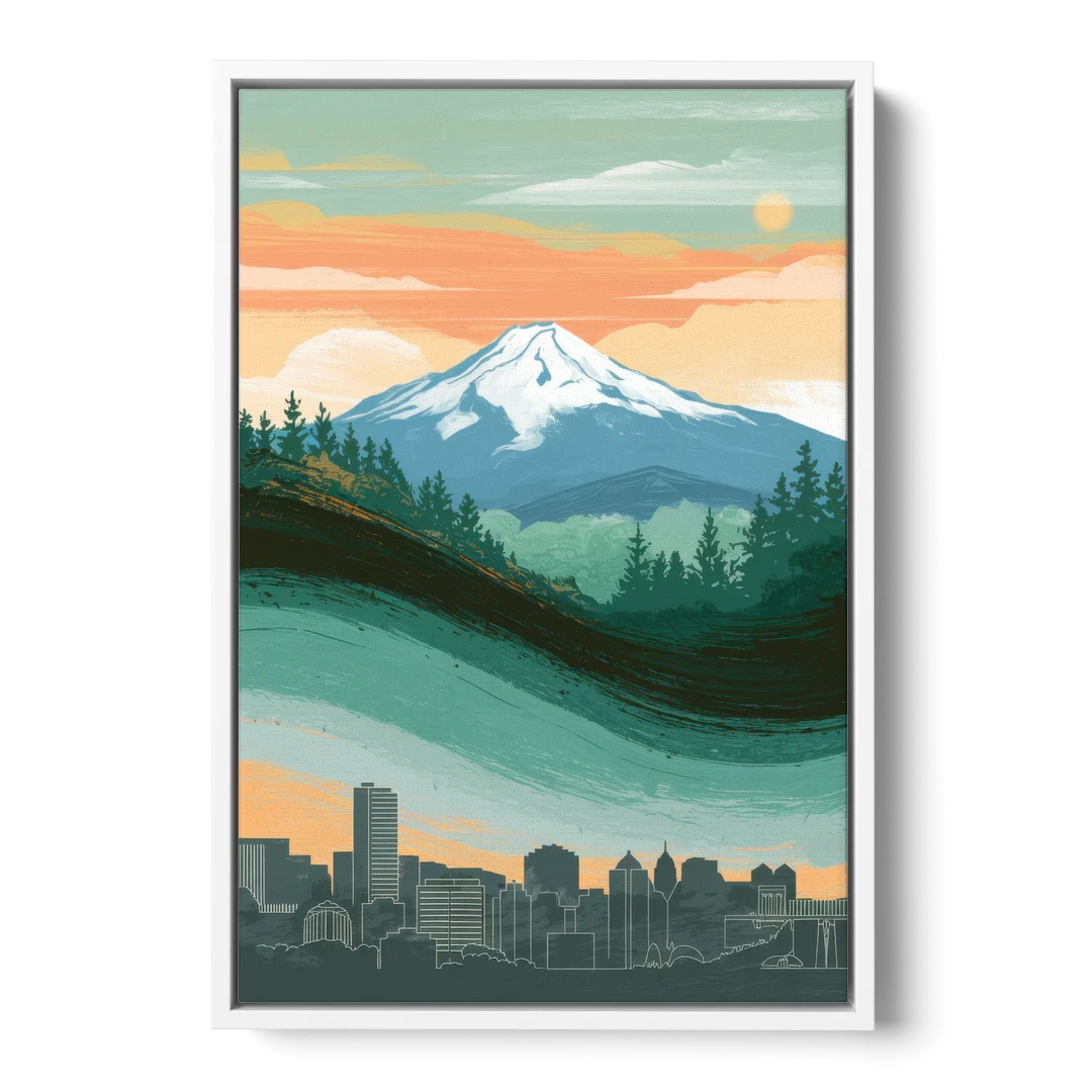 Portland Mount Hood View - White Framed Canvas Wall Art - Front