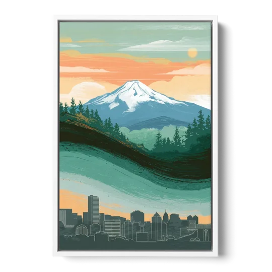 Portland Mount Hood View - White Framed Canvas Wall Art - Front