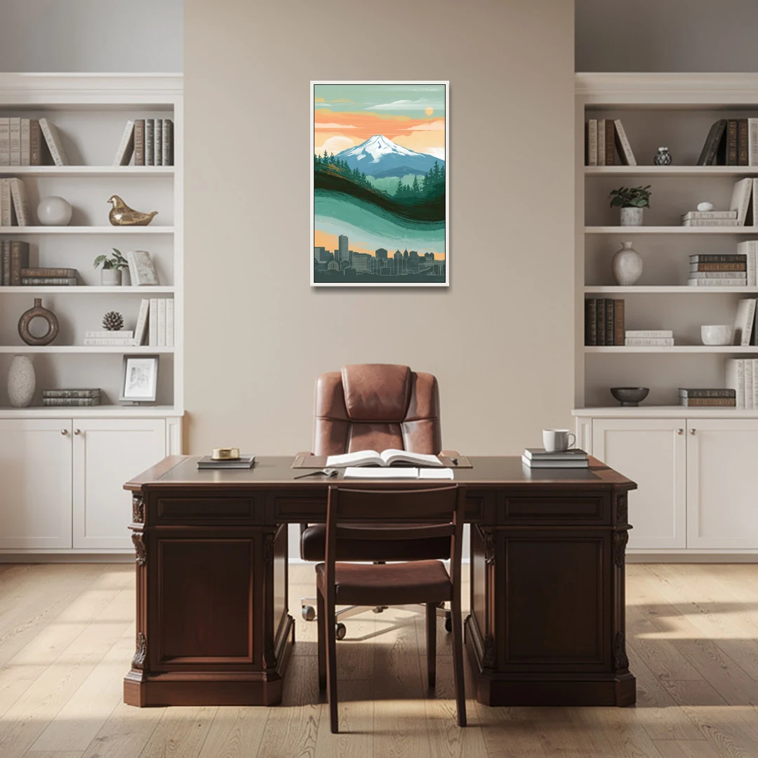 Portland Mount Hood View - White Framed Canvas Wall Art - Office - 24x36