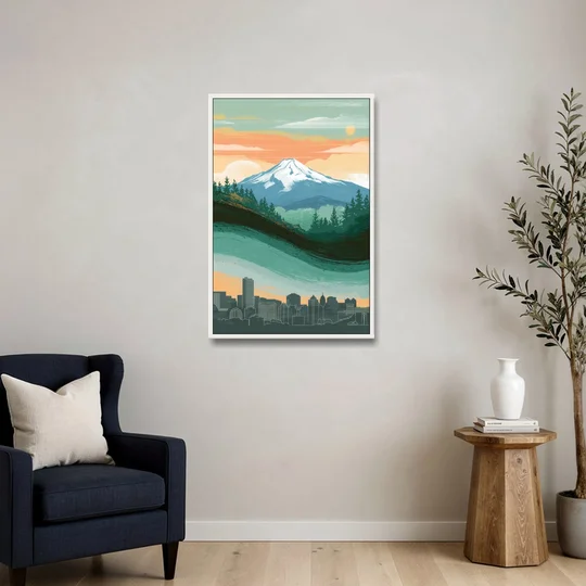Portland Mount Hood View - White Framed Canvas Wall Art - Sofa - 24x36