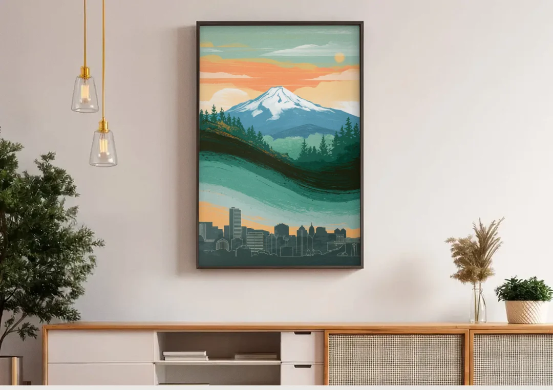 Portland Mount Hood View canvas wall art above a wooden sideboard under pendant lights