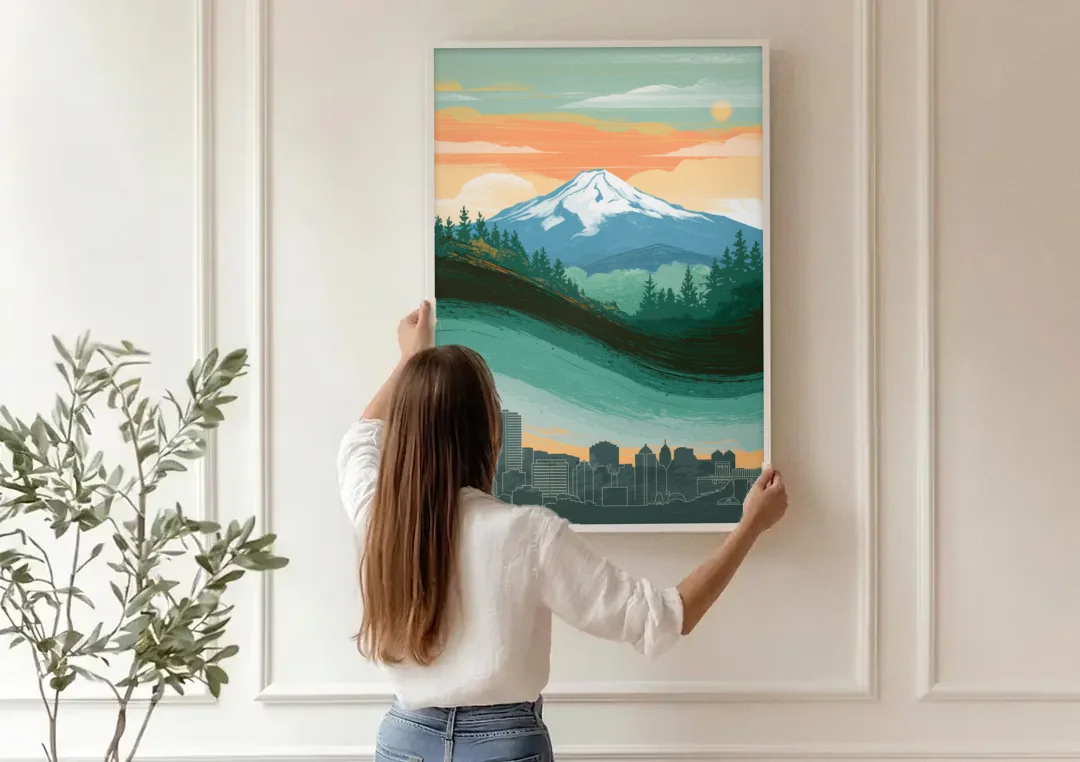 Portland Mount Hood View canvas wall art being hung on a paneled wall