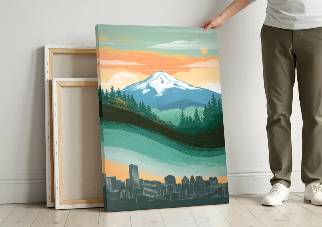 Portland Mount Hood View canvas wall art leaning against a wall next to blank canvases