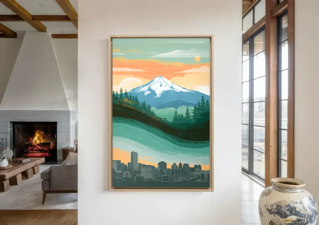 Portland Mount Hood View canvas wall art in a living room with a fireplace
