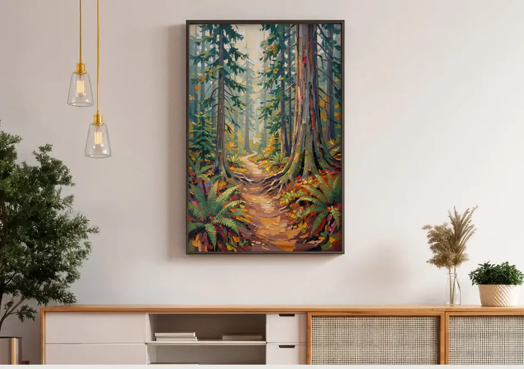 Portland Oregon Forests canvas wall art above a wooden sideboard under pendant lights
