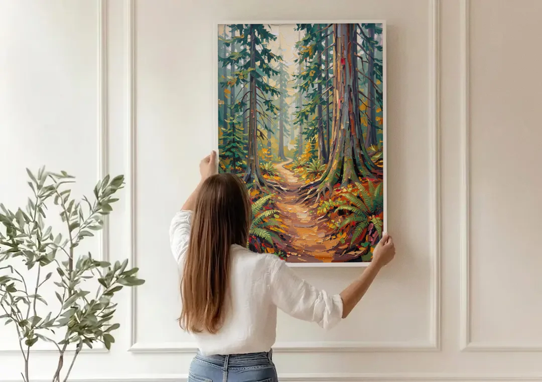 Portland Oregon Forests canvas wall art being hung on a paneled wall