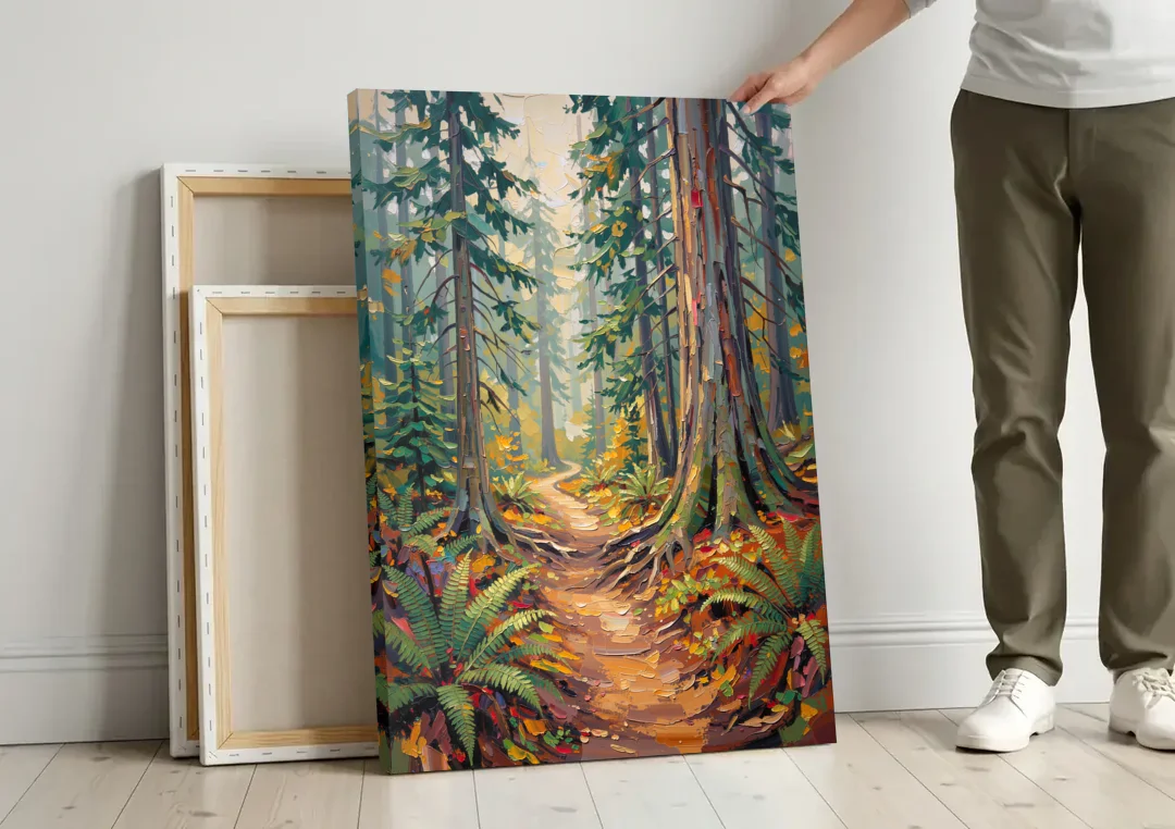 Portland Oregon Forests canvas wall art leaning against a wall next to blank canvases