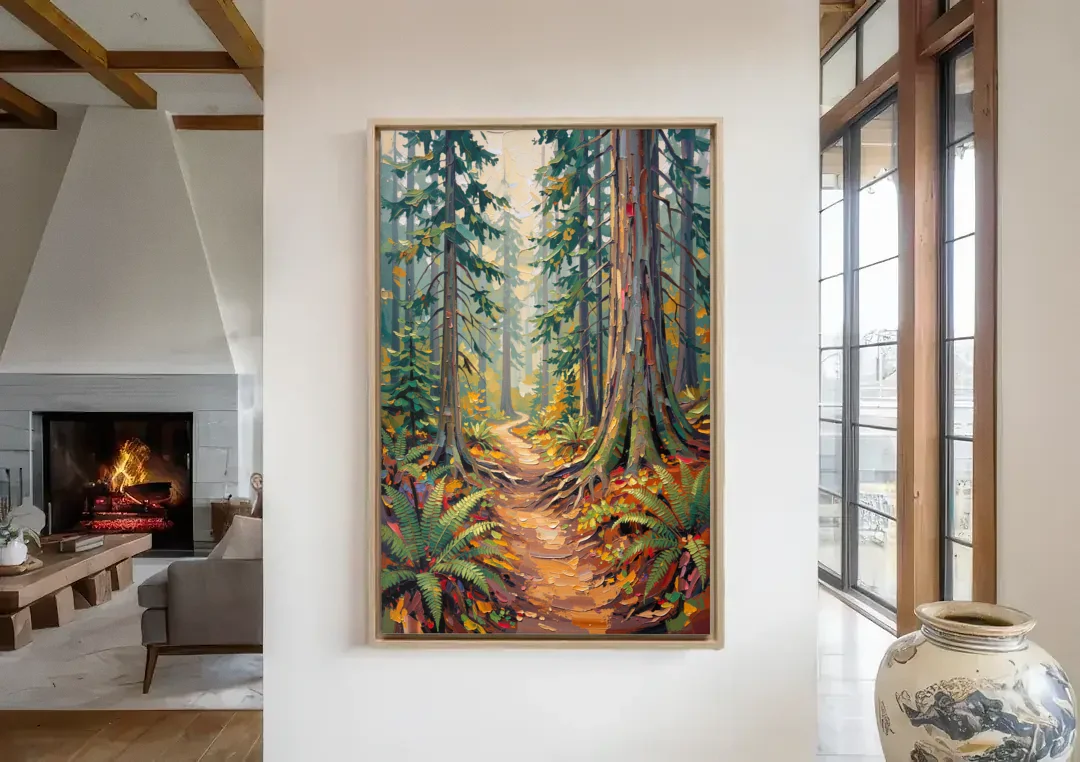 Portland Oregon Forests canvas wall art in a living room with a fireplace