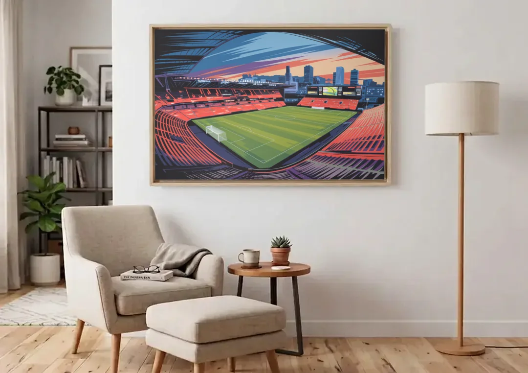 Portland Timbers Stadium View canvas wall art above an armchair in a bright living room