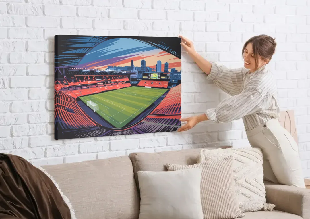 Portland Timbers Stadium View canvas wall art being hung on a white brick wall above a sofa