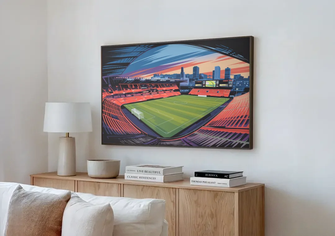 Portland Timbers Stadium View canvas wall art above a wooden sideboard next to a sofa