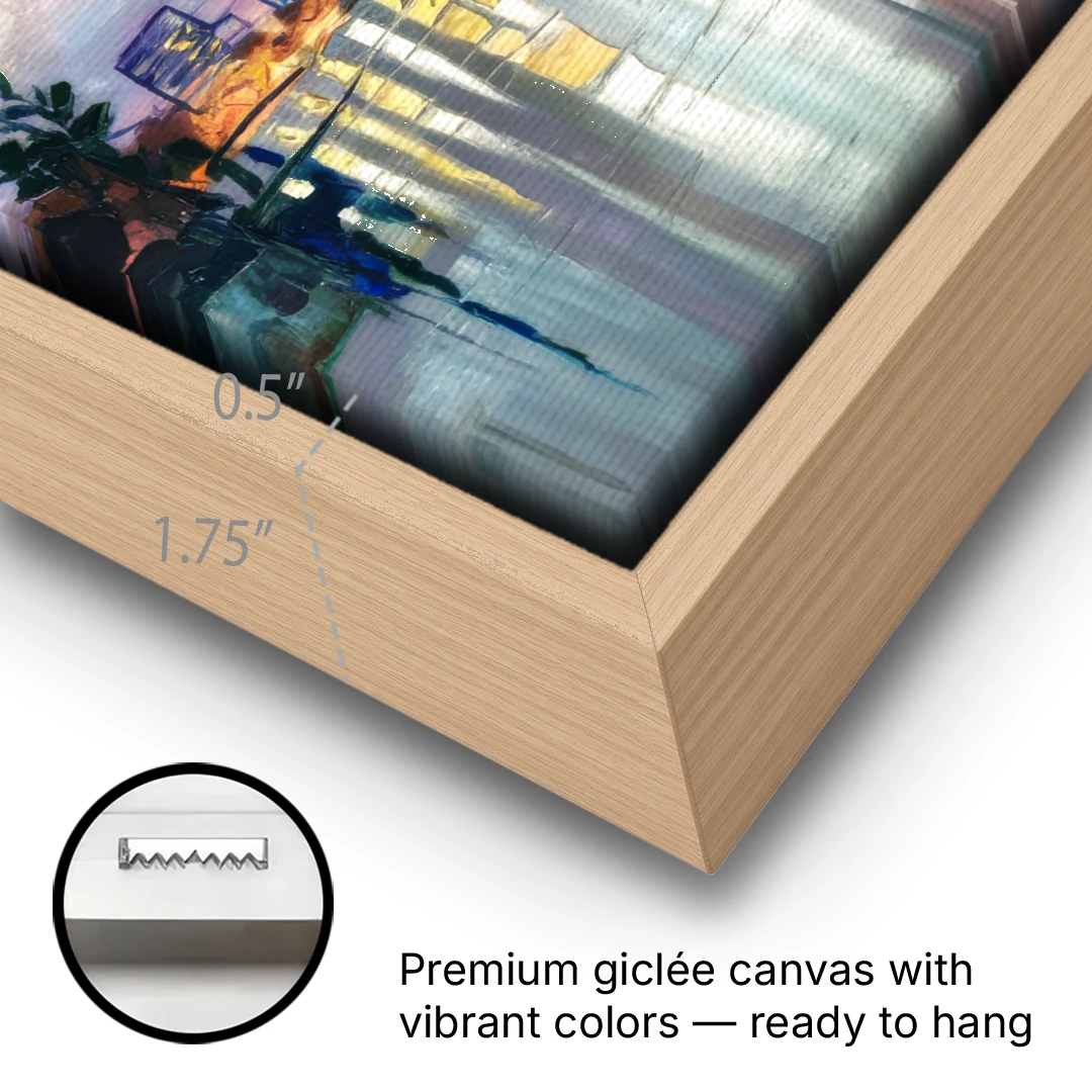 Portland Waterfront Reflection - Oak Framed Canvas Wall Art - Gallery Wrap Corner