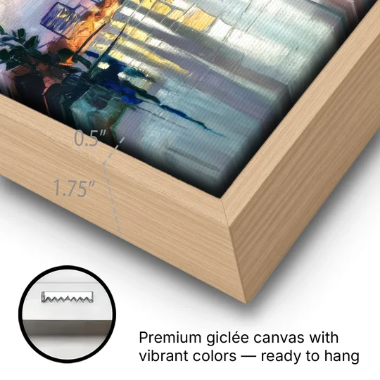 Portland Waterfront Reflection - Oak Framed Canvas Wall Art - Gallery Wrap Corner