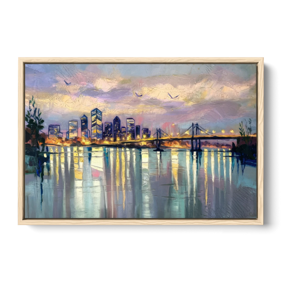 Portland Waterfront Reflection - Oak Framed Canvas Wall Art - Front