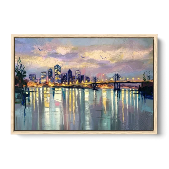 Portland Waterfront Reflection - Oak Framed Canvas Wall Art - Front