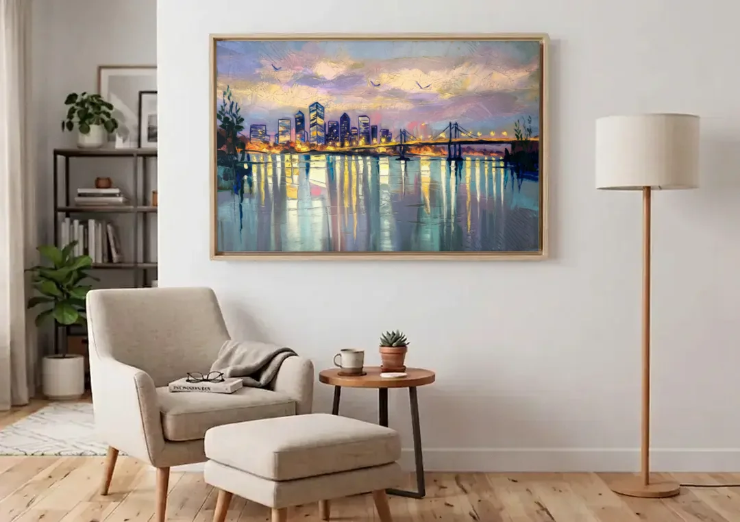 Portland Waterfront Reflection canvas wall art above an armchair in a bright living room