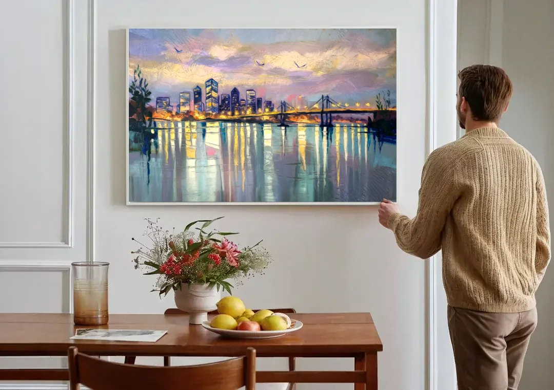 Portland Waterfront Reflection canvas wall art above a dining table