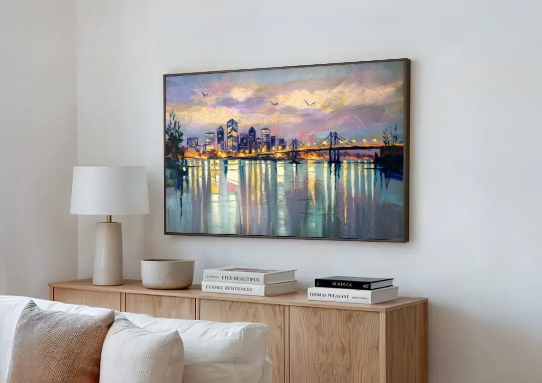 Portland Waterfront Reflection canvas wall art above a wooden sideboard next to a sofa