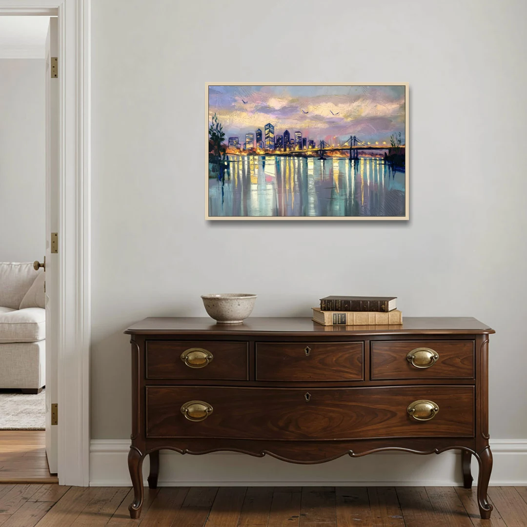 Portland Waterfront Reflection - Oak Framed Canvas Wall Art - Coffee Table - 36x24