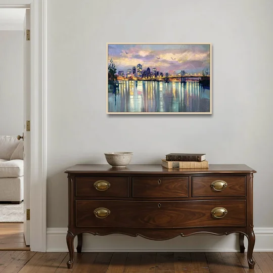 Portland Waterfront Reflection - Oak Framed Canvas Wall Art - Coffee Table - 36x24