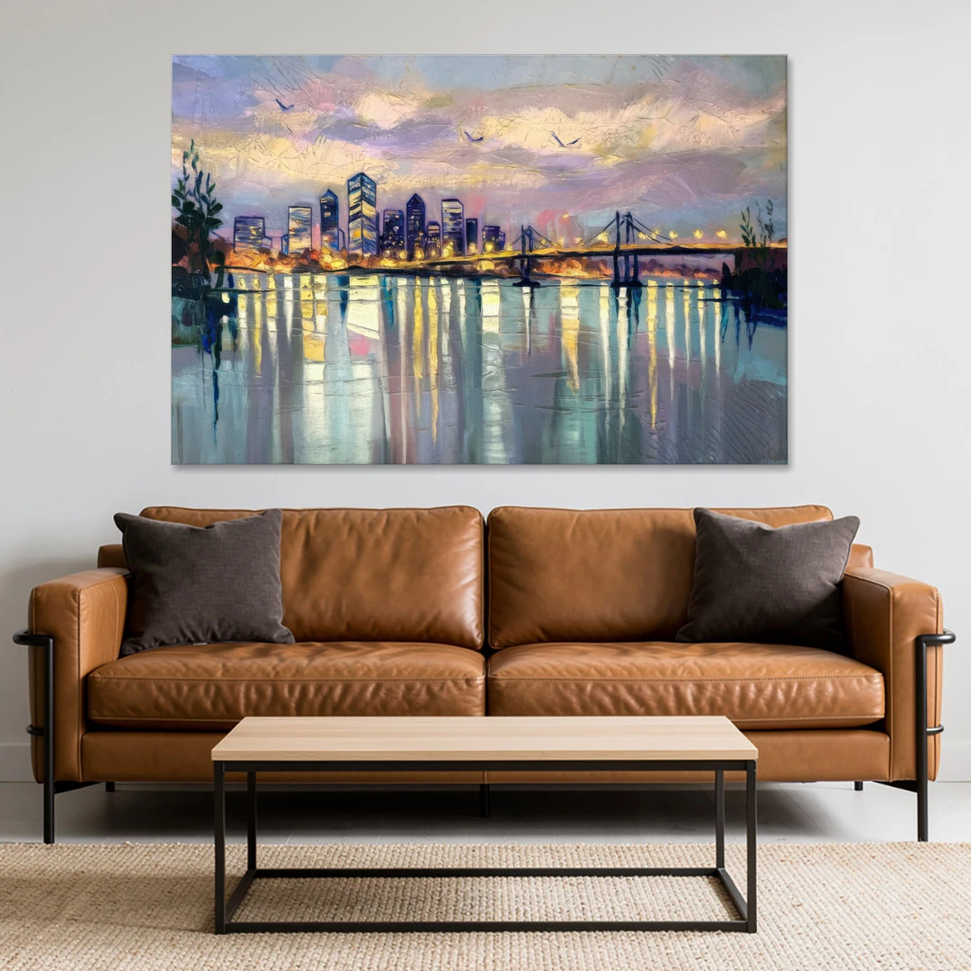 Portland Waterfront Reflection - Canvas Wall Art - Sofa - 60x40