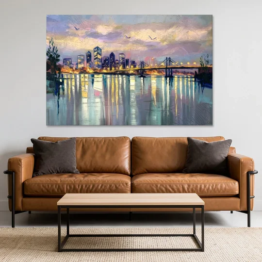 Portland Waterfront Reflection - Canvas Wall Art - Sofa - 60x40