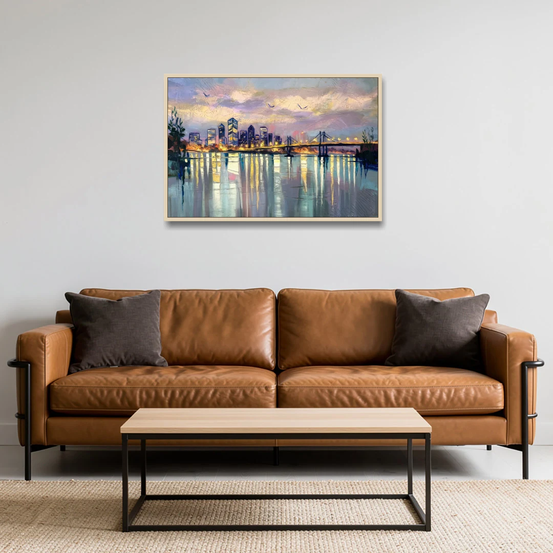 Portland Waterfront Reflection - Oak Framed Canvas Wall Art - Sofa - 36x24