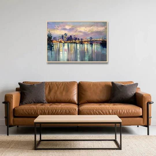 Portland Waterfront Reflection - Oak Framed Canvas Wall Art - Sofa - 36x24