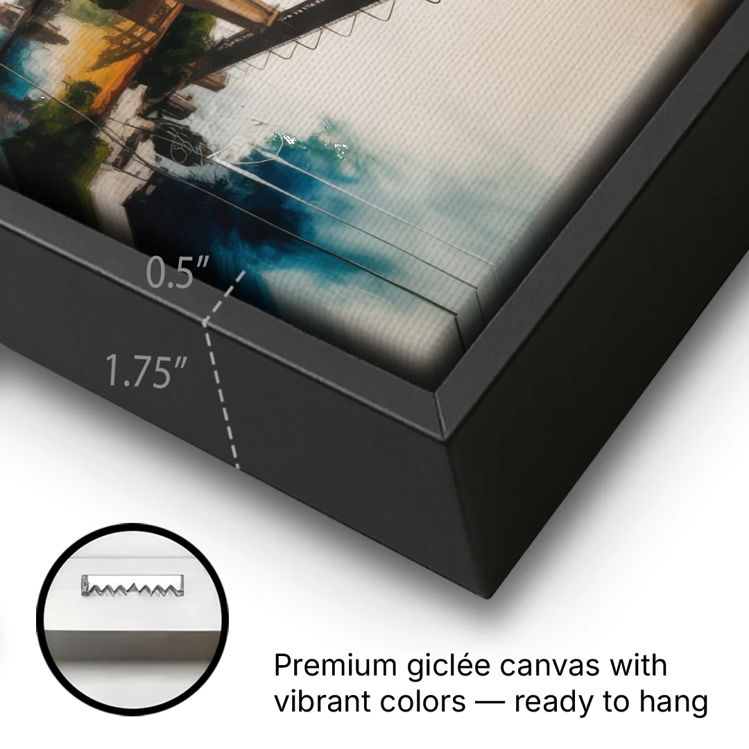 Porto Bridge Panorama - Black Framed Canvas Wall Art - Gallery Wrap Corner
