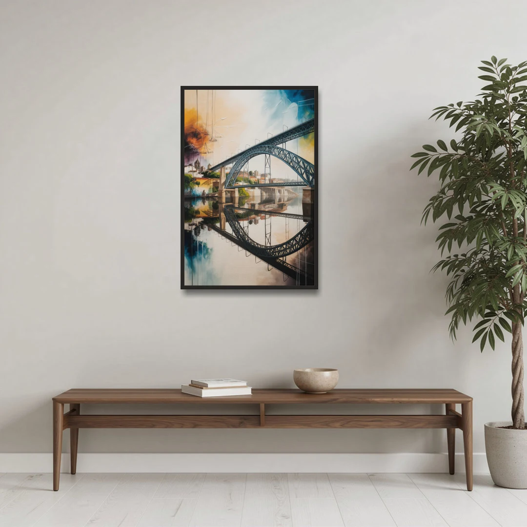 Porto Bridge Panorama - Black Framed Canvas Wall Art - Coffee Table - 24x36