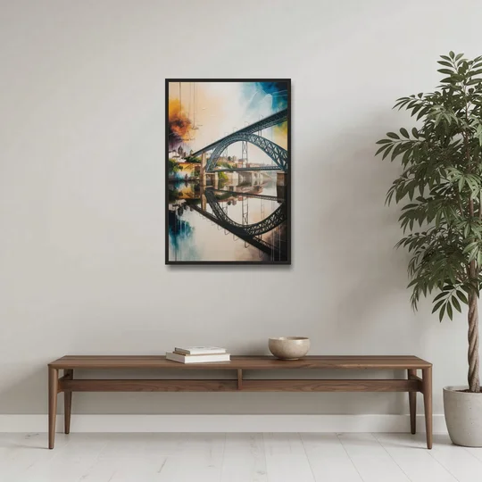 Porto Bridge Panorama - Black Framed Canvas Wall Art - Coffee Table - 24x36