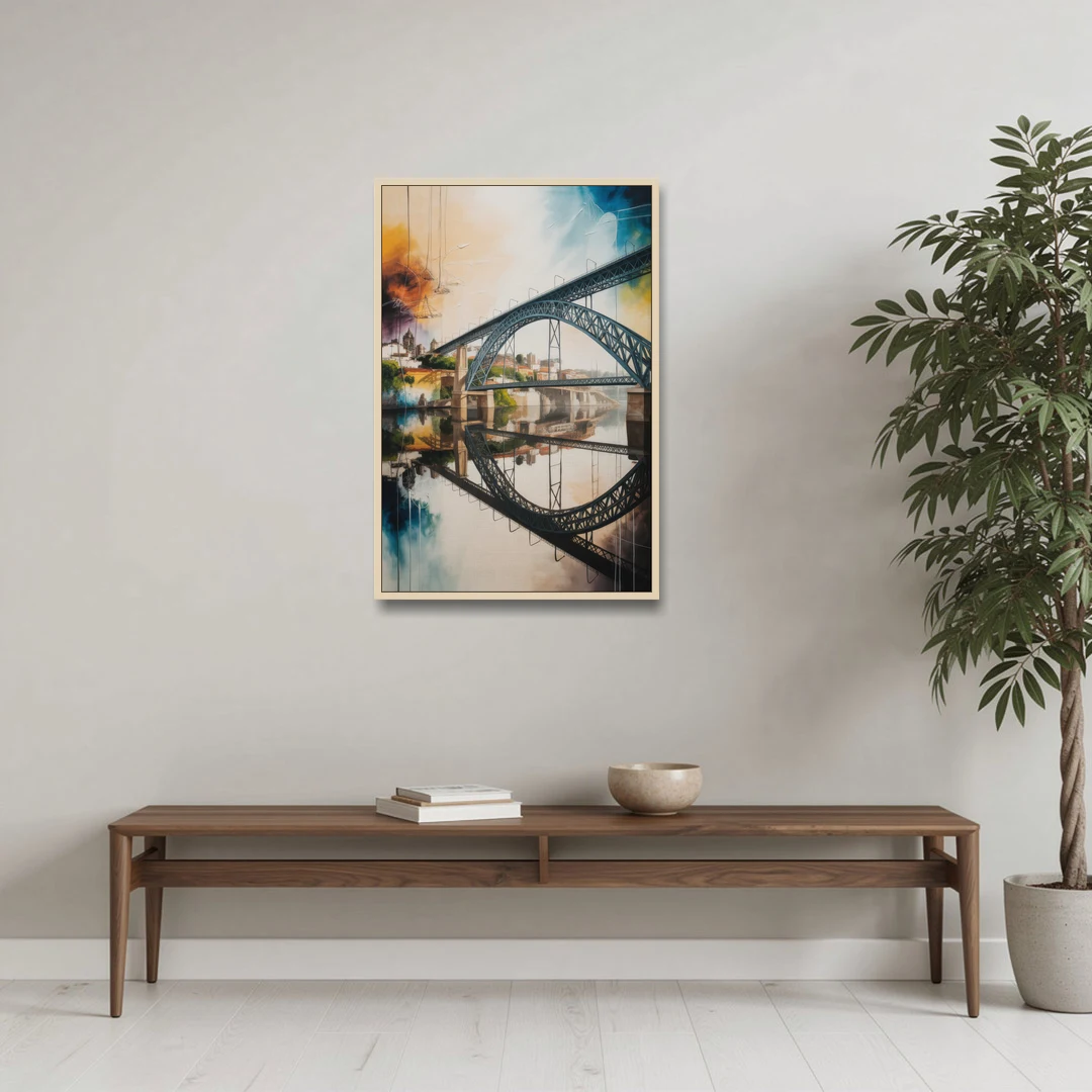 Porto Bridge Panorama - Oak Framed Canvas Wall Art - Coffee Table - 24x36