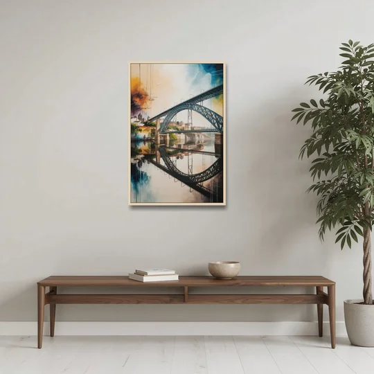 Porto Bridge Panorama - Oak Framed Canvas Wall Art - Coffee Table - 24x36