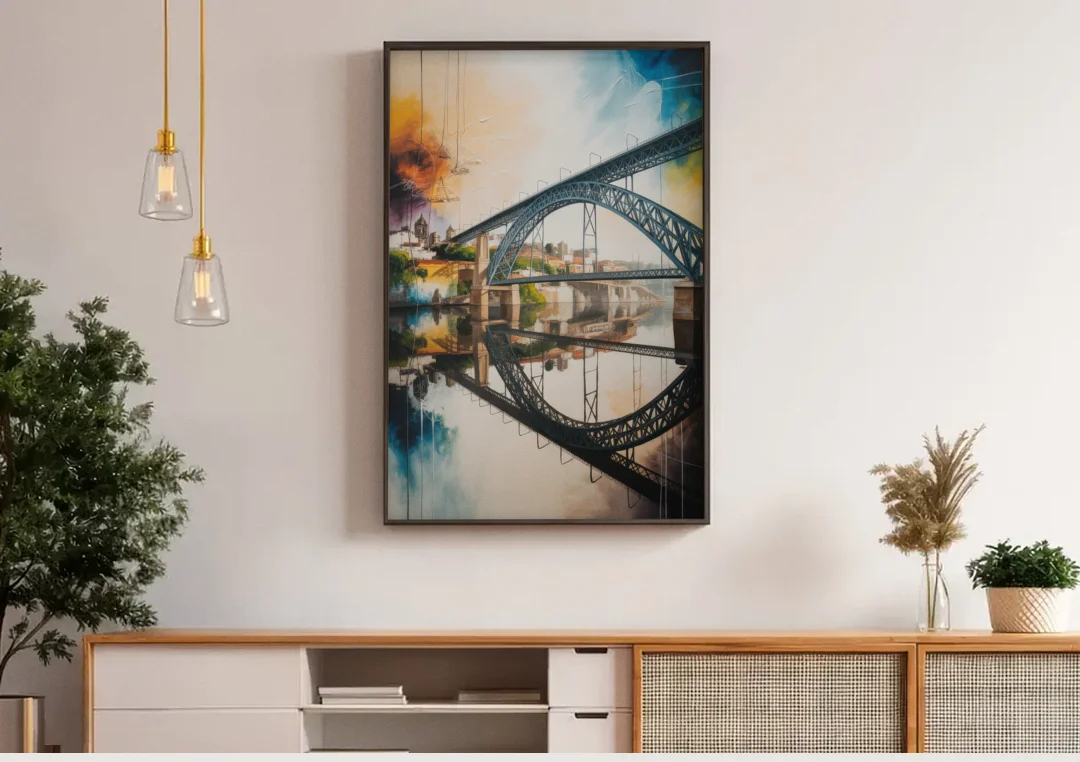 Porto Bridge Panorama canvas wall art above a wooden sideboard under pendant lights
