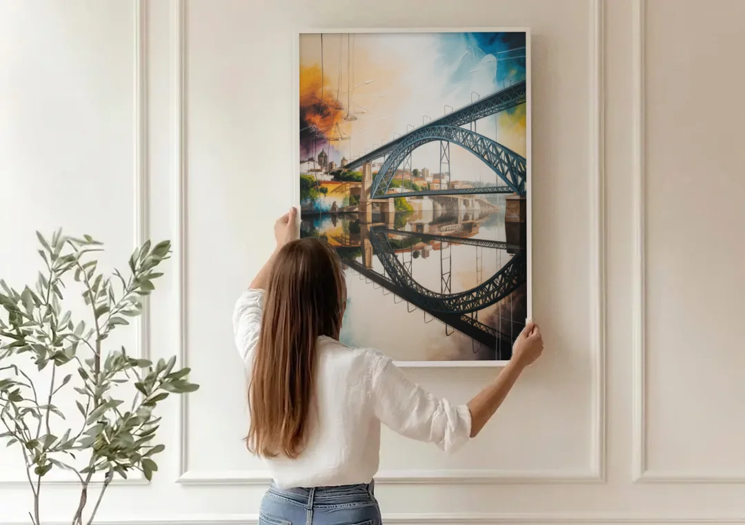 Porto Bridge Panorama canvas wall art being hung on a paneled wall